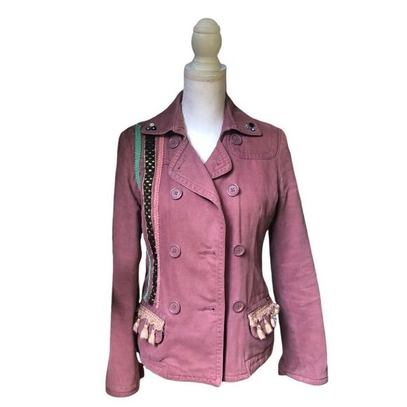 AEO AMERICAN EAGLE DUSTY ROSE VELVETEEN TASSEL EMBELLISHED OOAK PEACOAT SIZE S - Picture 3 of 12